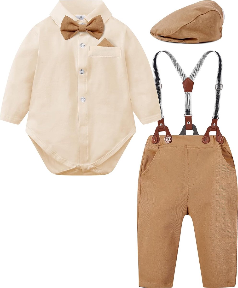SnelShoppen - Mintgreen Baby Boy Pak 3 STKS Gentleman Bruiloft Kleding Set met Shirt, Bretels, Vlinderdas en Hoed voor 3-18 Maanden