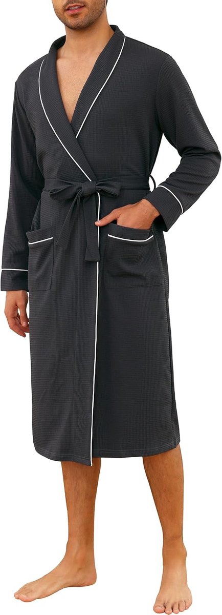 SnelShoppen - Lichte Wafelgebreide Badjas voor Heren - Zachte Katoenmix Kimono met Zakken - Ideaal voor Thuis Loungen - Maat S-3XL