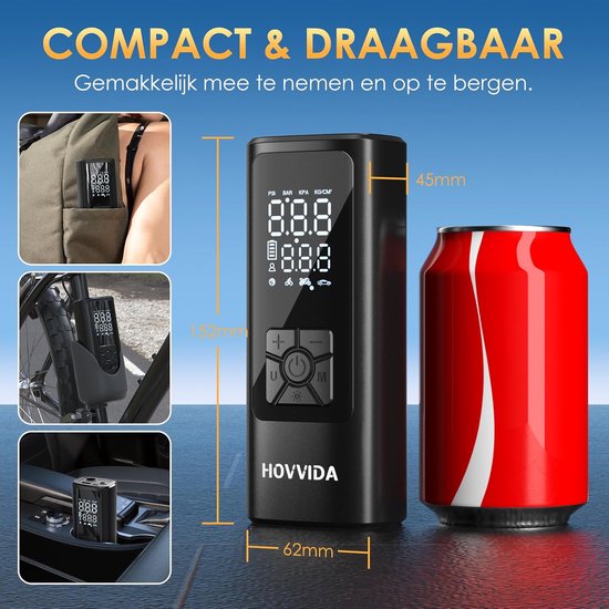 SnelShoppen - Draadloze Bandenpomp 150 PSI, Draagbare Luchtpomp met Automatische Uitschakeling, LED Lichten, 5200 mAh voor Auto, Motor, Fiets en Bal — afbeelding 2