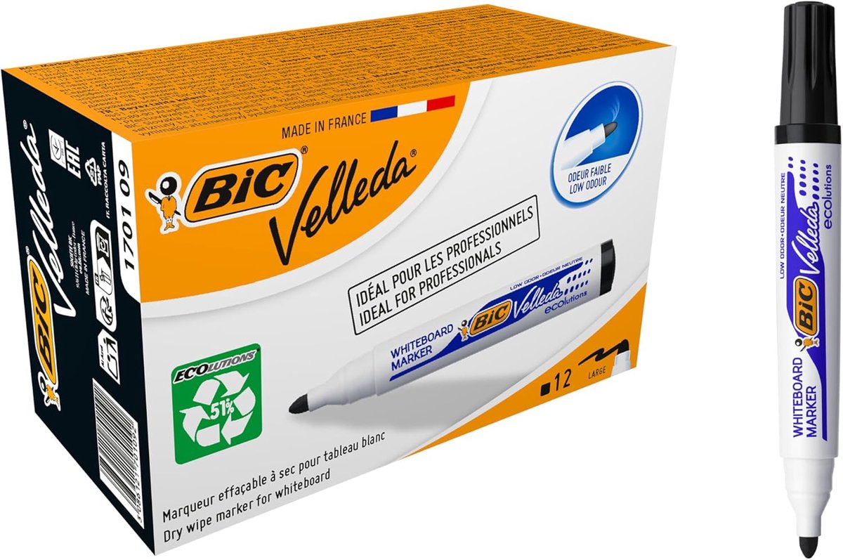 Thijox - Whiteboard Stiften Medium Kogelpunt - Zwart - Doos van 12 Stuks - Droog Uitwisbaar en Milieuvriendelijk - Ideaal voor Klas, Thuis en Kantoor