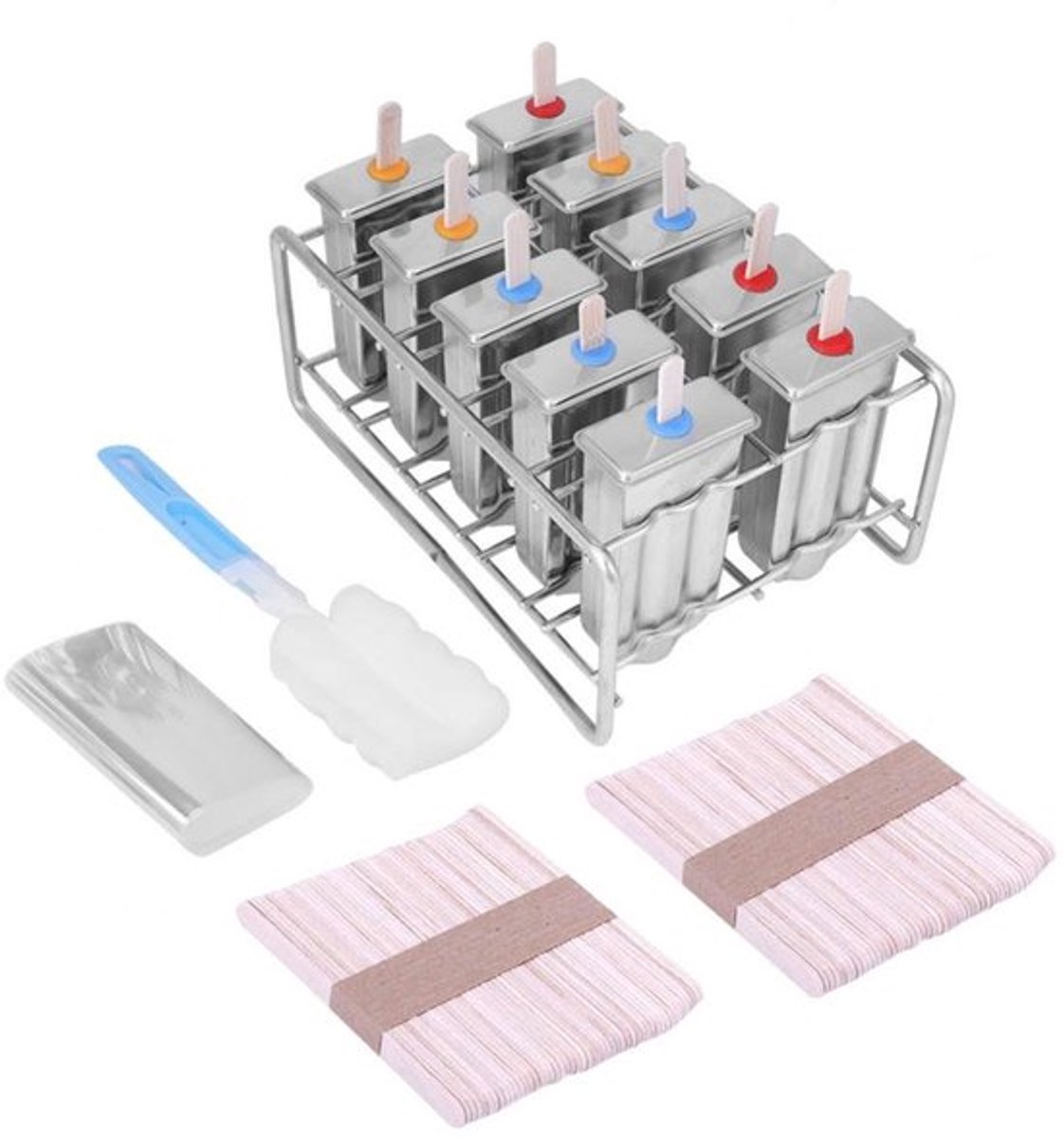 10 Mallen RVS IJsroom Pop Mold Lollipop IJsje + 100 stuks Stok Houder (Ronde Kop)