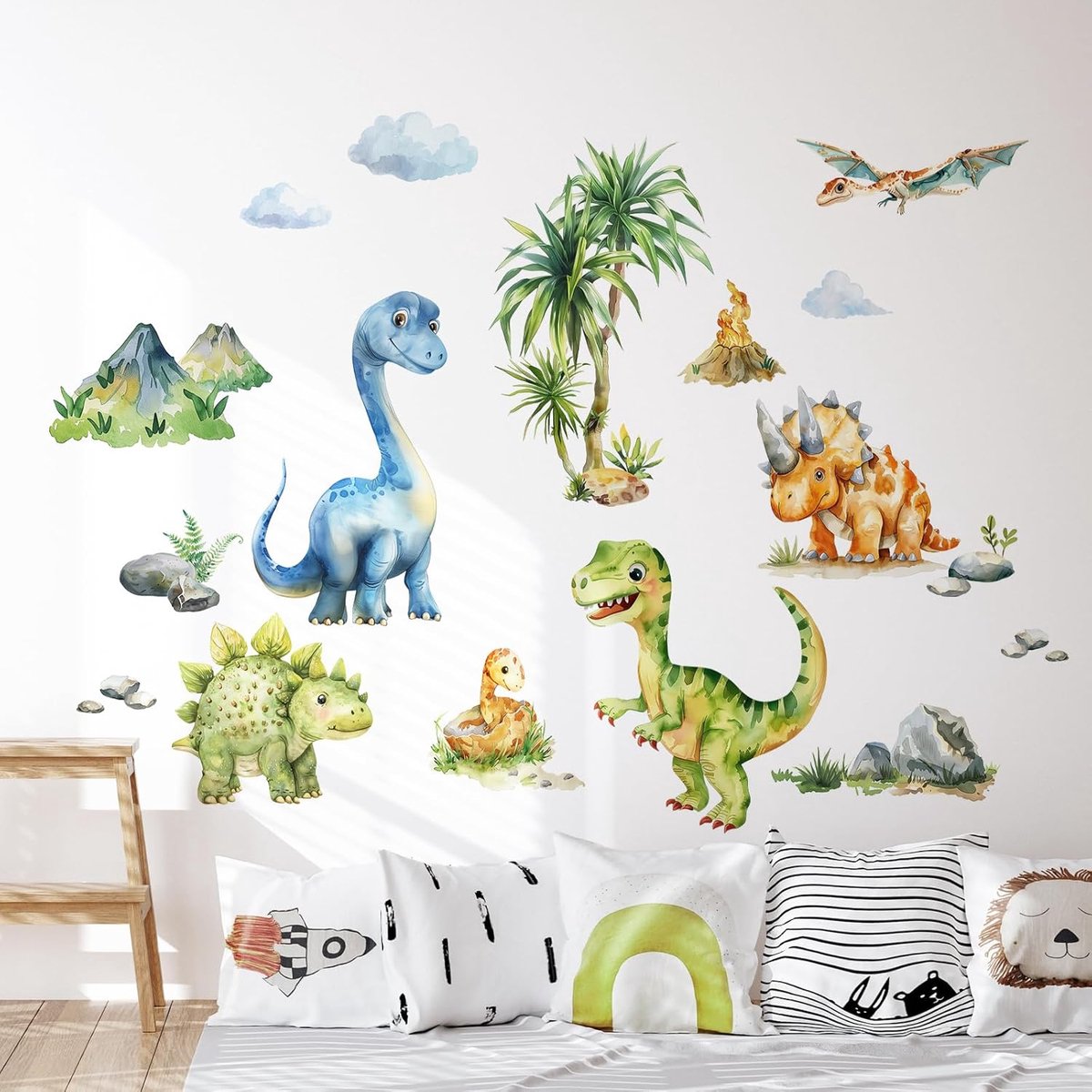 SnelShoppen - Watercolor Dinosaur Wandstickers met Tropische Bladeren - Peel and Stick Decor voor Baby- en Kinderkamers - Duurzaam en Waterdicht - Per