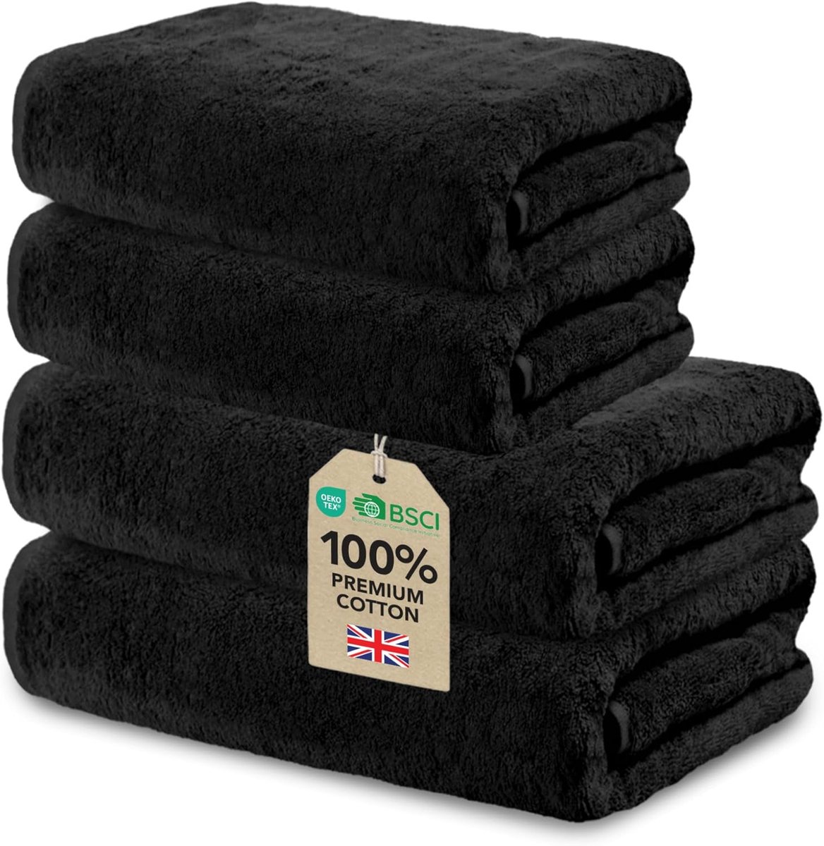 SnelShoppen - Badhanddoeken Set 4 Stuks Zwart 100% Katoen 500g/m² - 2 Grote Badhanddoeken 70x140cm + 2 Kleine Handdoeken 50x100cm – Luxe Badkamer Text