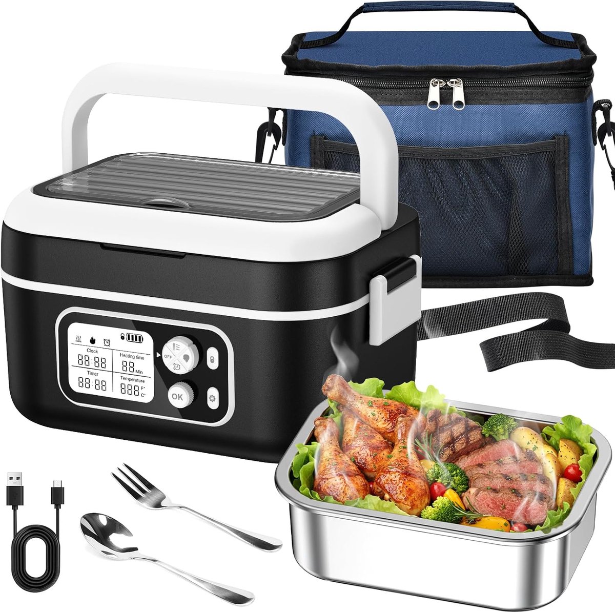 SnelShoppen - Elektrische Lunchbox 1.5L - 100W Warmhoudbox met Insulated Heat Bag, Bestek, en Afneembaar Scheidingsplateau - Ideaal voor Thuis, Werk e