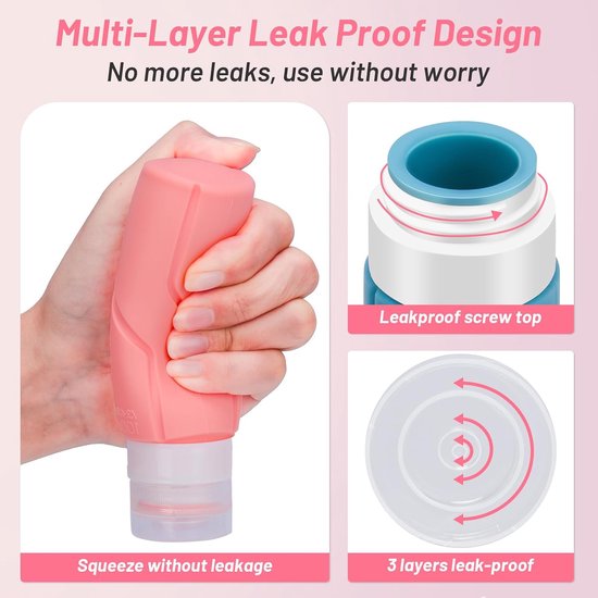 SnelShoppen - 4 Stuks Silicone Reisflessen 100ml - Herbruikbare Squeeze Flessen voor Shampoo, Lotion, Cosmetica - Lekvrije Ontwerp, Zacht Siliconen Ma van Snelshoppen — afbeelding 2