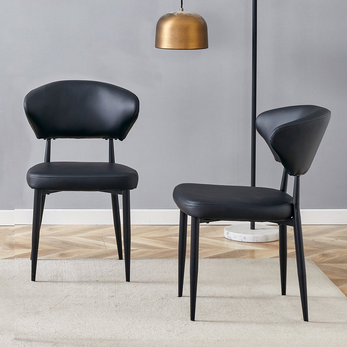 COVREO Eetkamerstoel 80 cm - kunstleer, metalen poten, ergonomische rugleuning, zwart, set van 2