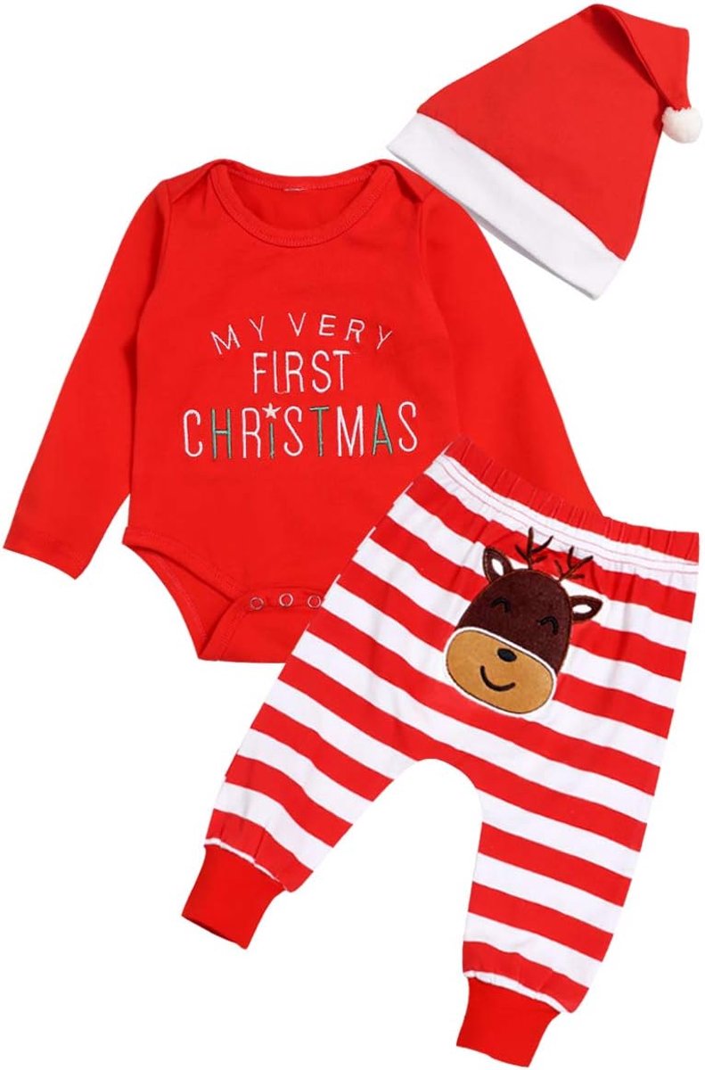 SnelShoppen - My First Christmas Baby Romper set - Rood met Gestreepte Broek en Muts - 3 Delige Outfit voor Jongens en Meisjes - 0-18 Maanden - Perfec