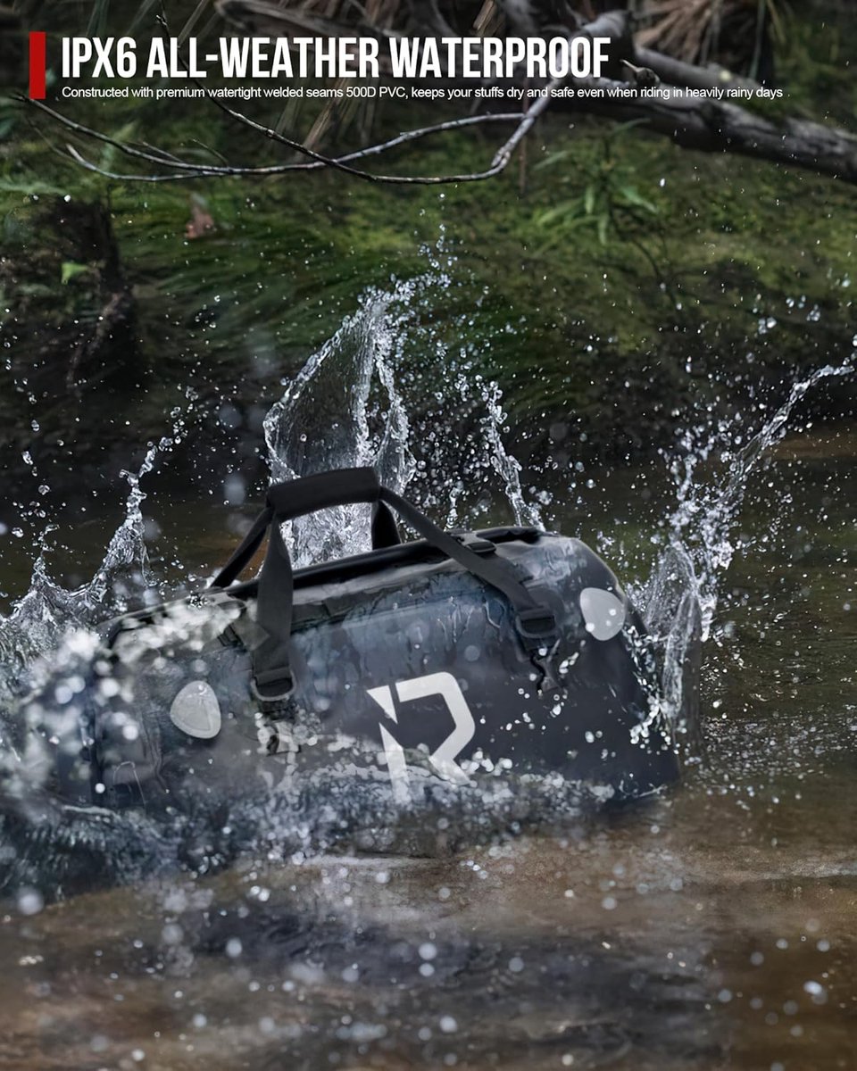 SnelShoppen - Waterdichte motortas, zadeltas, achtertas, reistas met rolsluiting, schouderriem, 50L, zwart, geschikt voor motorrijden, kamperen, water