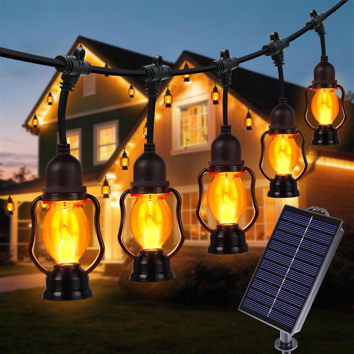 SnelShoppen - Geemoo Solar Lichtsnoer Buiten 6,5m met 10 Retro Lampjes, Weerbestendig Flikkerende Vlam Lantaarns voor Tuin, Balkon, Camping en Feest