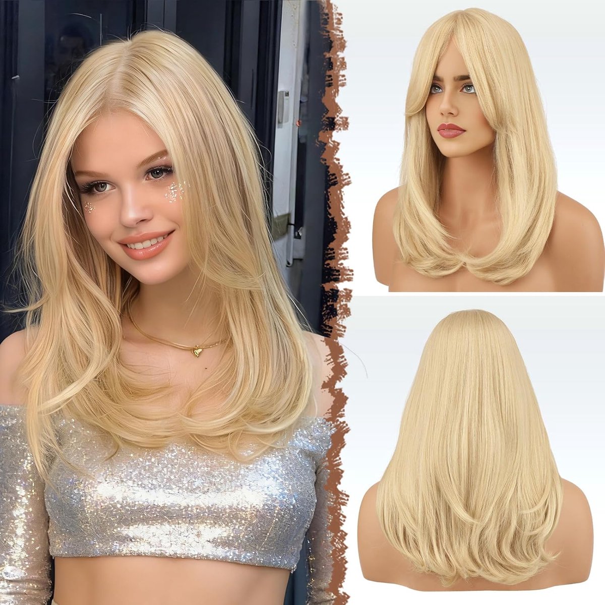 SnelShoppen - Lange Pruiken met Pony - Licht Blond Synthetisch Haar - Hittebestendig - Gelaagd Haar voor Vrouwen - 45 cm - Perfect voor Feest en Dagel