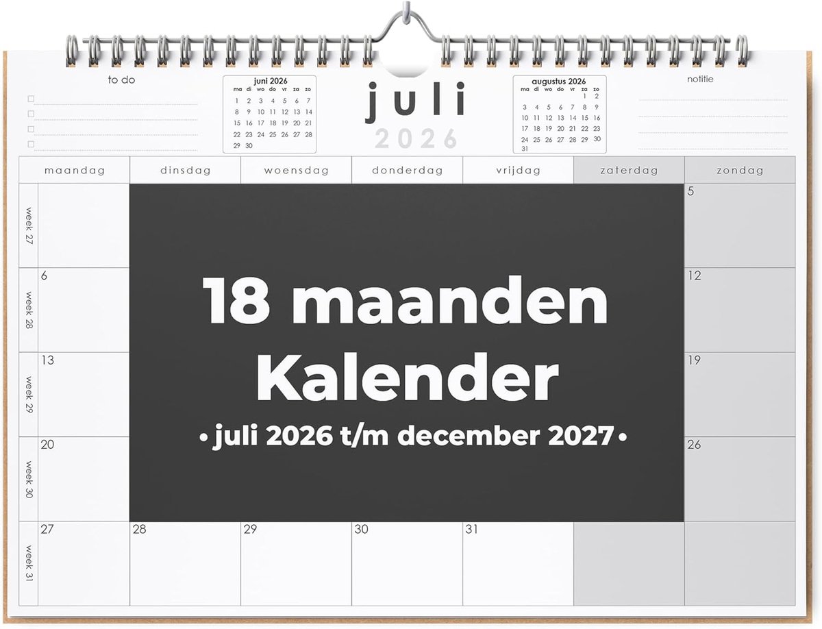 SnelShoppen - Huurdies 18-Maanden Wandkalender A3+ - Spiraalgebonden - Enkelzijdig Bedrukt - Weeknummers, Notities & To-Do - Kartonnen Achterkant - Ba