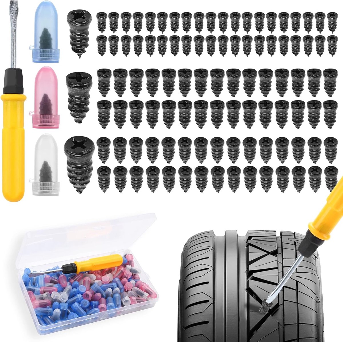 SnelShoppen - Reparatieset voor Motorbanden 100 Stuks - Bandenreparatie met Schroevendraaier - Geschikt voor Auto's en Motorfietsen - Rubber en Vacuüm