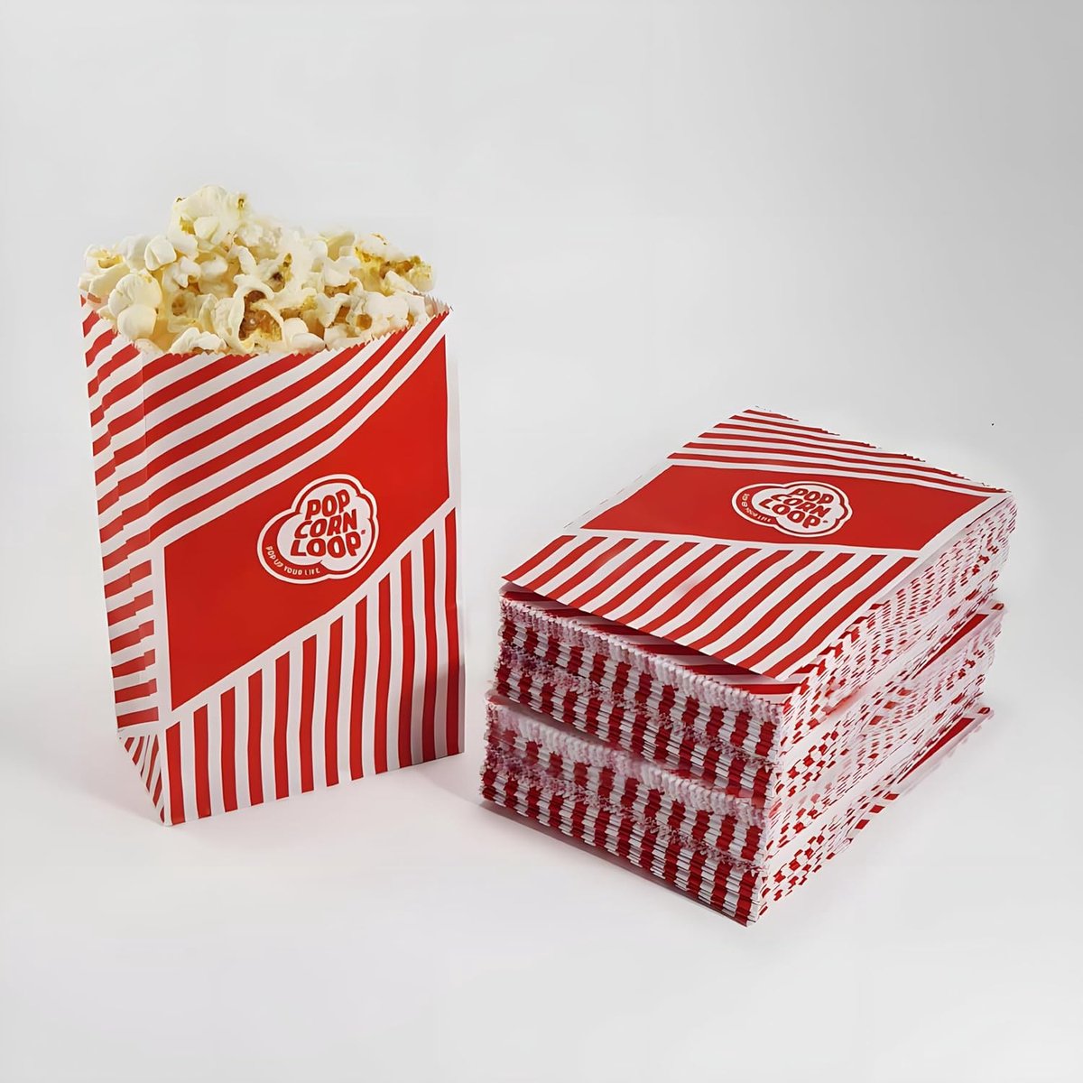 SnelShoppen - Popcornloop 100 Stuks Popcornzakjes Rood Wit Beige Gestreept Snoepzakjes voor Feestjes, Bruiloften, Kinderen, Snackboxen, Papier, Sfeer,
