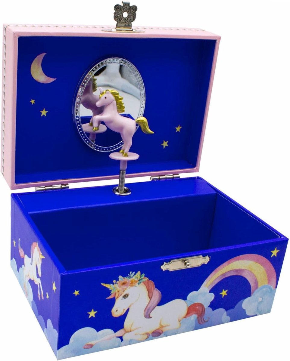 SnelShoppen - Sieradenkistje voor meisjes, blauw, eenhoorn, muziekdoos met melodie Zwanenmeer, houten sieradenbox, ideaal voor kinderen, opbergdoos vo