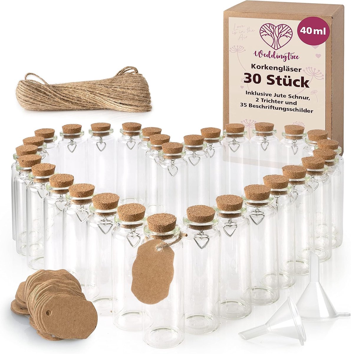 SnelShoppen - 30 x Reageerbuisjes met Kurk - Glazen Flacons voor Bruiloft, Gastgeschenk, Decoratie, Kruidenpotjes, Sieraden, Etherische Olie, Hangdeco