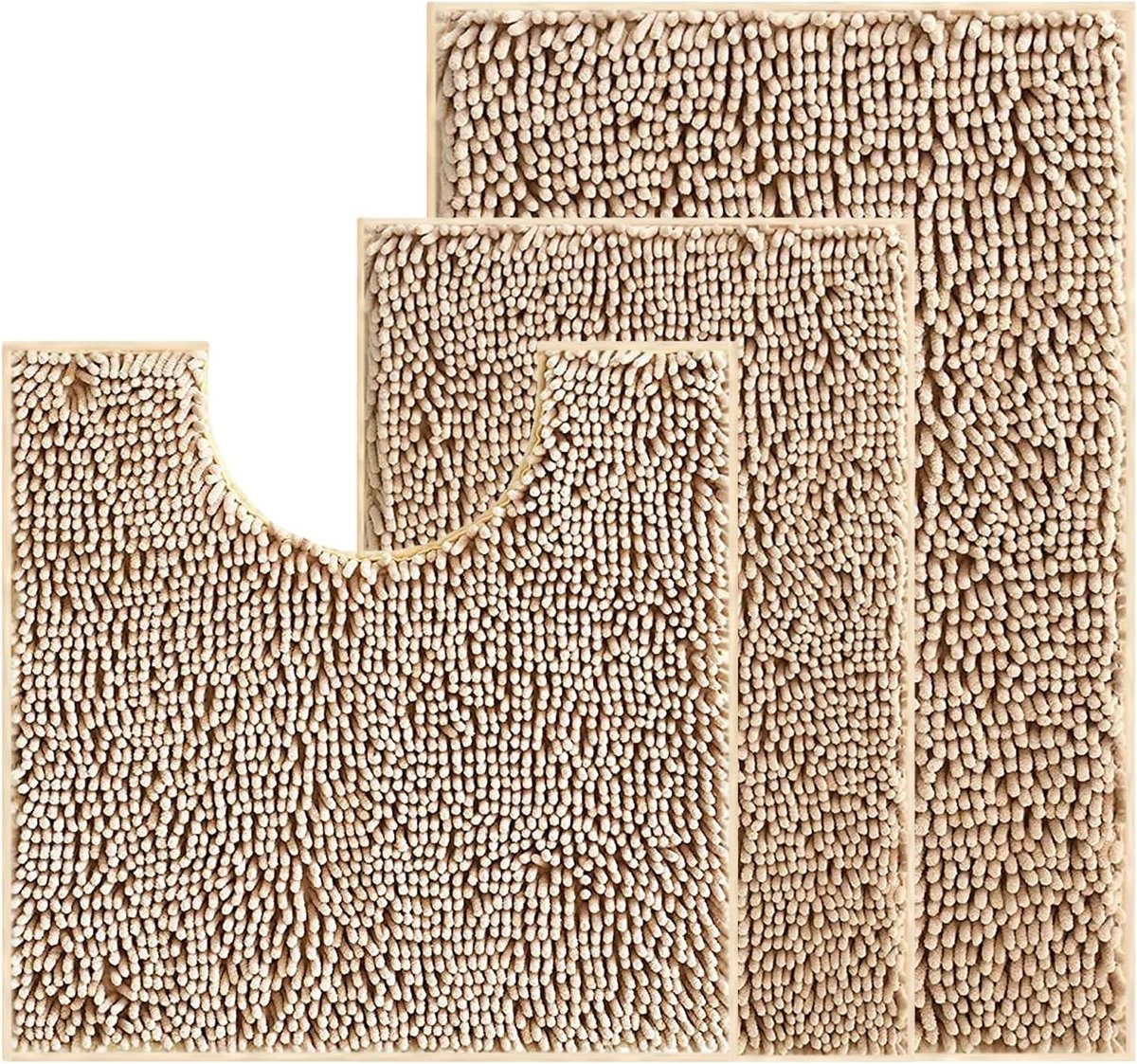 SnelShoppen - Bath Mat Set 3 Stuks Antislip Chenille Badmat Set Zacht met Waterabsorberende Basis en U-vorm Toiletmat voor Machinewasbaar in Kameelkle