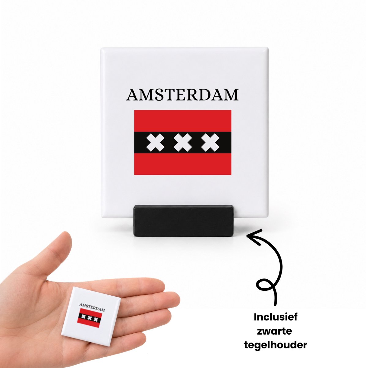Hacebo Amsterdam tegeltje met tegelhouder - Amsterdam - Amsterdammers - tegeltjes met tekst - Amsterdam liefhebbers - Vlag XXX - Hoofdstad Nederland - spreuktegels - 4.8x4.8 CM Wit