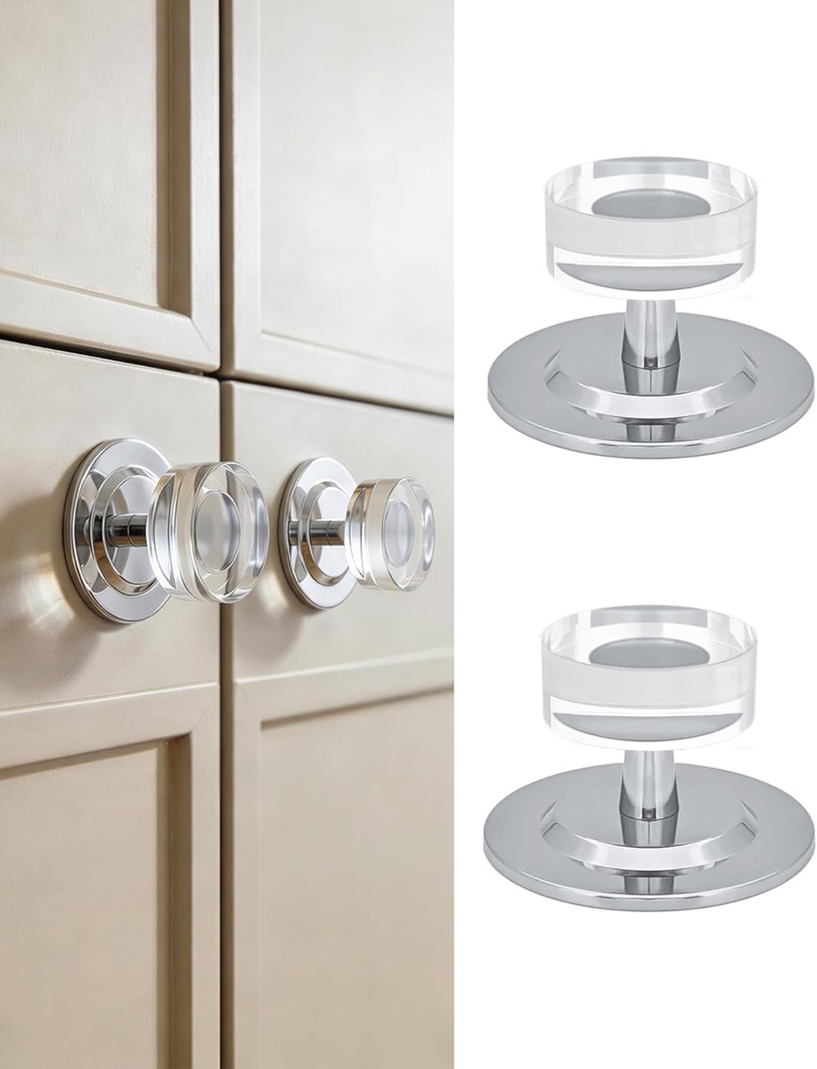 SnelShoppen - Set van 2 Kristallen Zelfklevende Knoppen, Zilveren Stok, Glas Handgrepen voor Lade, Kast, Dressoir, Schuifdeur en Koelkast - Geen Boren