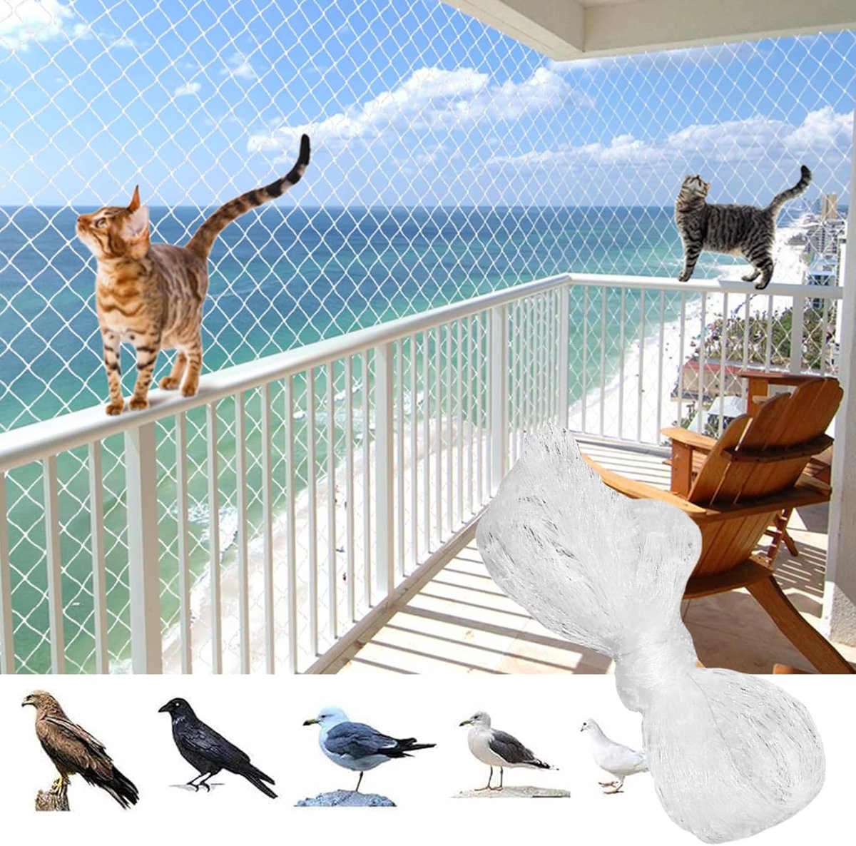 SnelShoppen - Cat Net voor Balkon 5x10 m - Dierbescherming Net - Geen Boren - Draadversterkt - Transparant Kattennet voor Balkon, Terras, Raam