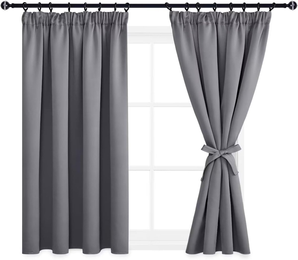 SnelShoppen - Blackout Gordijnen met Plissé Tape en Riemen, Opaak Thermisch Gordijn voor Woonkamer en Slaapkamer, 66x54 Inch (B x H) Grijs, 2 Stuks