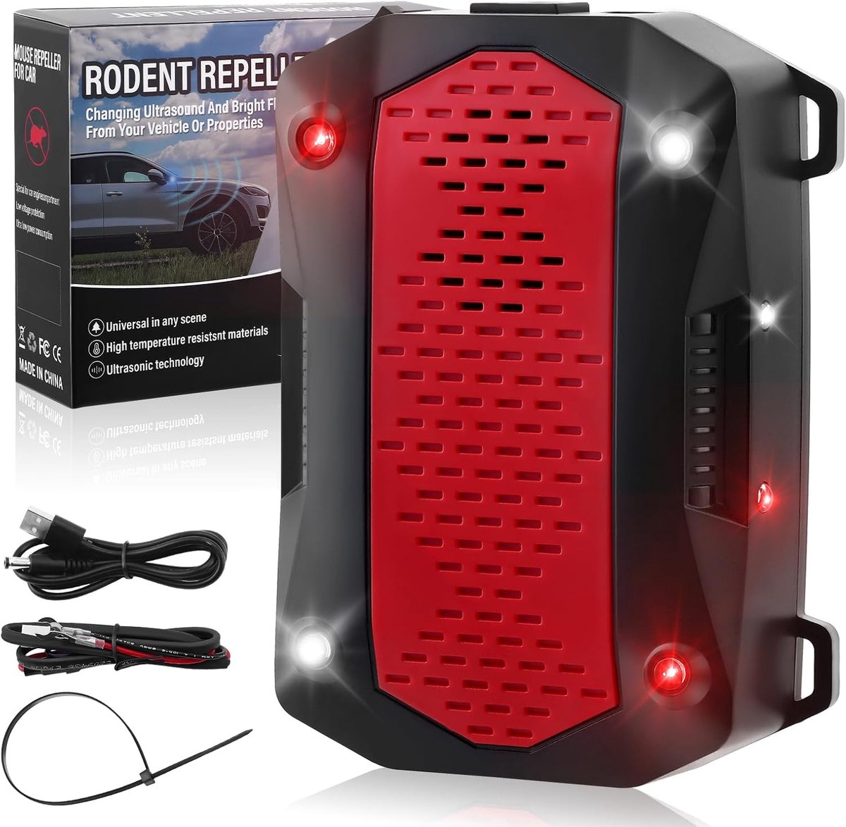SnelShoppen - Car Marten Scarecrow, Ultrasonic Geluid met LED Zaklamp, Mobiele Martenbeschermer voor Auto, 3 Modus, Binnen & Buiten, Weerbestendig, 50