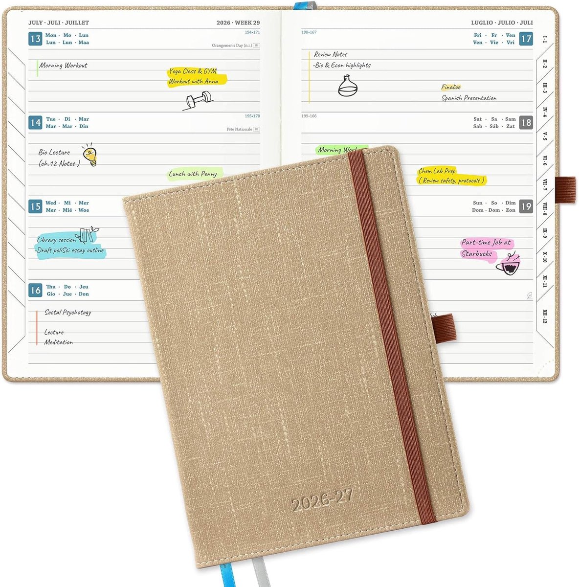 SnelShoppen - Agenda 2026 2027 A5 Weekplanner - 18 Maanden Horizontaal, Luxe PU Leer, Khaki, Perfect voor School en Werk, 21.8 x 16.2 cm