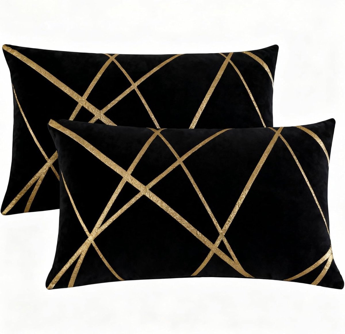 Thijox - Luxe Fluwelen Kussenhoezen 30x50 cm Zwart met Gouden Strepen - Decoratieve Sierkussenhoezen voor Woonkamer en Slaapkamer - Set van 2