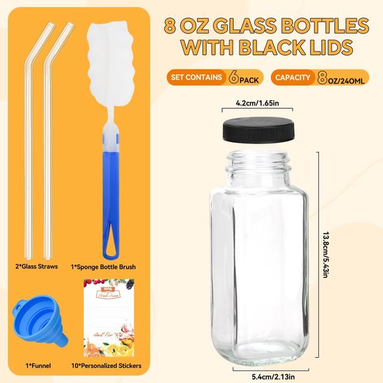 SnelShoppen - Pack van 6 Smoothie Flessen - Glazen Drinkflessen met Rietjes, 8oz Mini Flessen voor Sap, Smoothie en Melk - Ideaal voor School, Buiten — afbeelding 2
