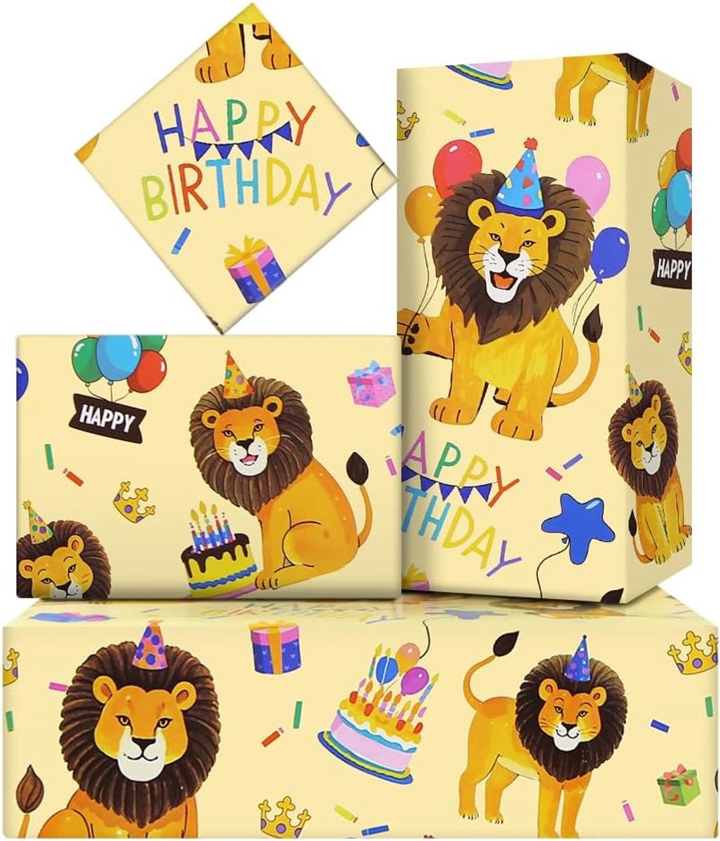 SnelShoppen - Forest Animal Cadeaupapier - 6 Vouwbladen Verjaardagscadeaupapier met Schattige Leeuw - 50x71cm voor Kinderen, Baby Shower, Kerst en Fee