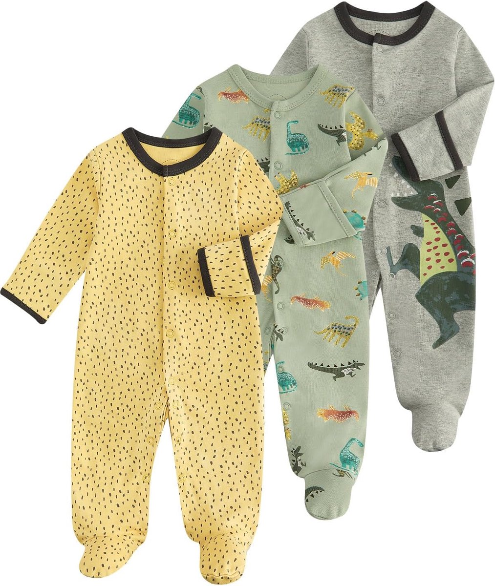 SnelShoppen - Set van 3 Baby Rompers voor jongens en meisjes - Katoenen lange mouwen met voetjes - 0-12 maanden - Schattige motieven voor elke gelegen