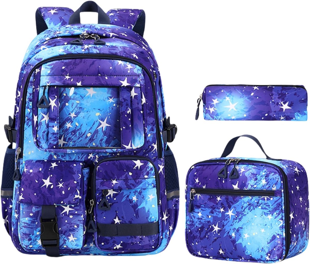 Kindertas - Schooltas voor Meisjes - Rugzak voor Basisschool en Middelbare School - Met Laptopvak - Waterbestendig Nylon - Purple Galaxy Design - Cadeau voor Kinderen