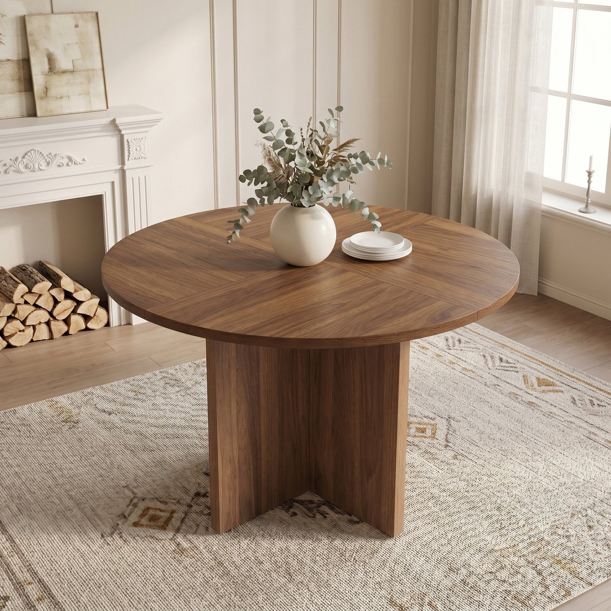 MEUNIQ ronde eettafel 120 x 120 x 75 cm voor 4-6 personen, Scandinavische tafel met walnoo