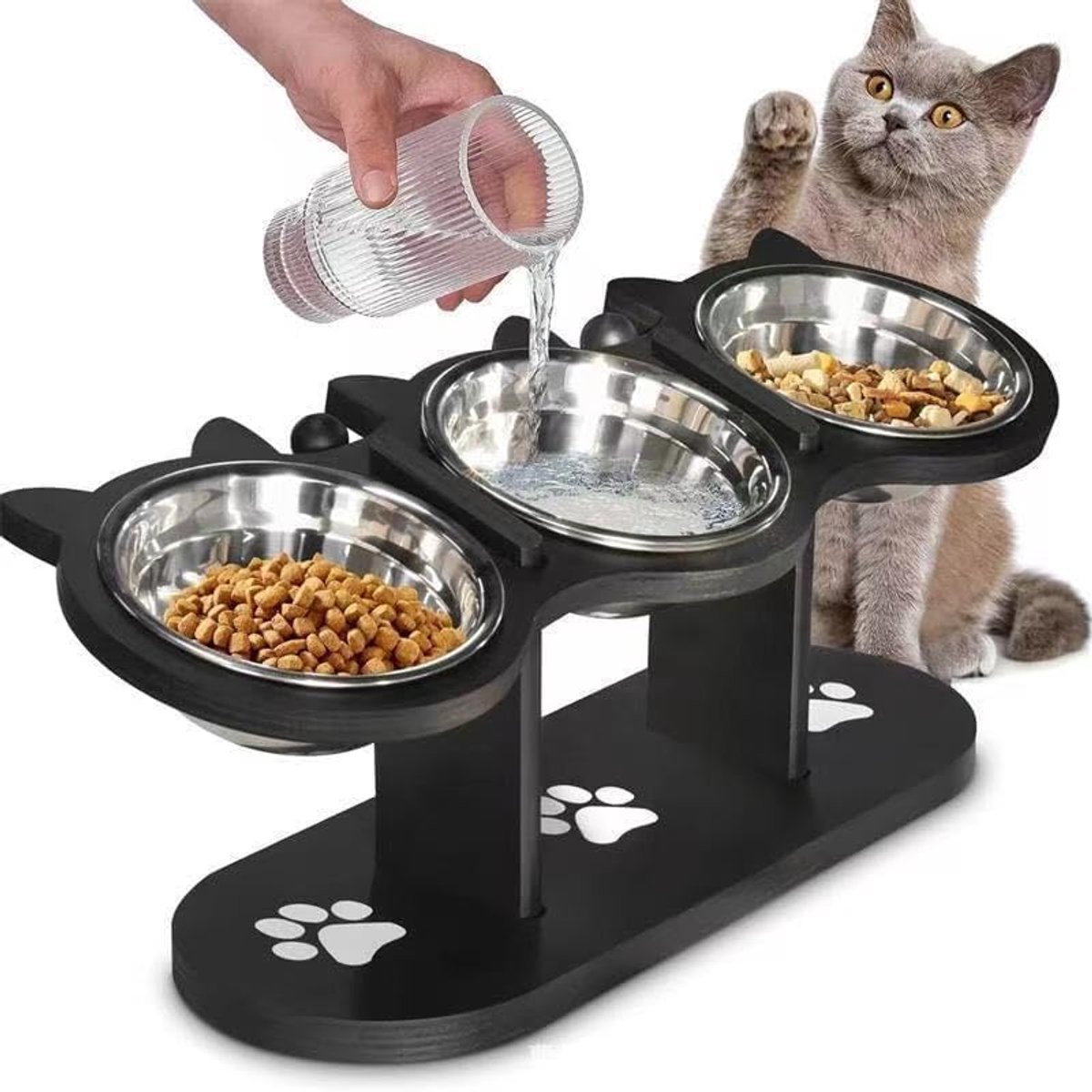 Thijox - Verhoogde Voerbak voor Honden en Katten met 3 RVS Kommen, In Hoogte Verstelbaar en 15 Graden Helling, Ideaal voor Kleine Honden en Katten, Ho
