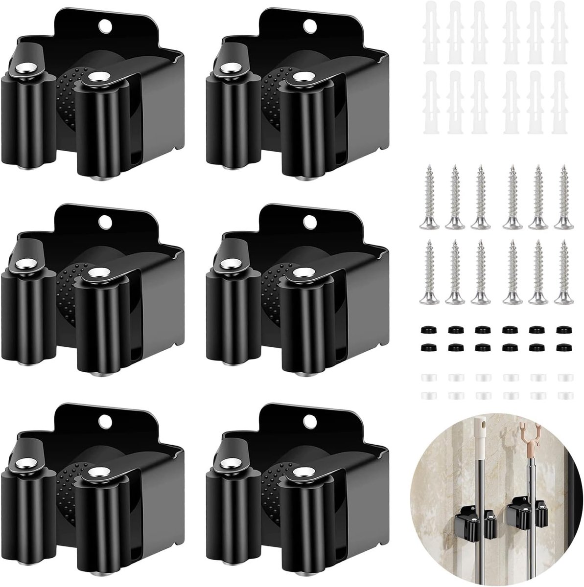 SnelShoppen - 6 Stuks Broom Holder - RVS Broomhouder met Schroeven - Tuin Gereedschap Hang Systeem - Mop Houder voor Badkamer, Keuken, Garage, Tuin