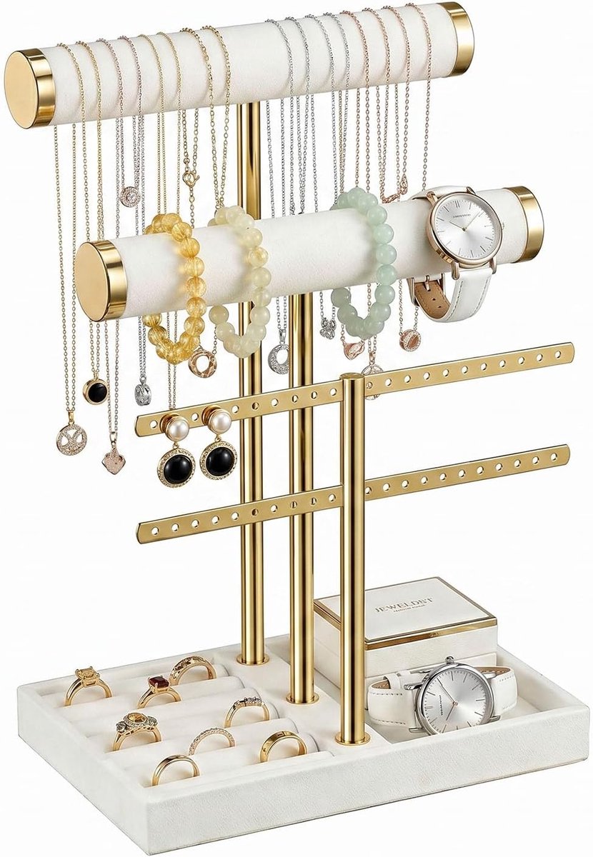 SnelShoppen - 3 Laags Sieraden Organizer met Verwijderbare Juweelstandaard, Luxe Velvet Armbandhouder voor Ringen, Oorbellen, Kettingen, Horloges, Zon