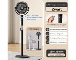 Luchtbevochtigende Statiefventilator met Afstandsbediening - Draadloos Oplaadbaar - 4 Windsnelheden - 3 Hoogtes - Vernevelfunctie - Timer 3/6/9 Uur - USB-C - Zwart