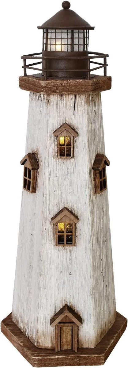 Vuurtoren Decoratie - Nautisch Huis - Woonkamer Accent - Met LED Verlichting - 16 Inch Hoog - Wit