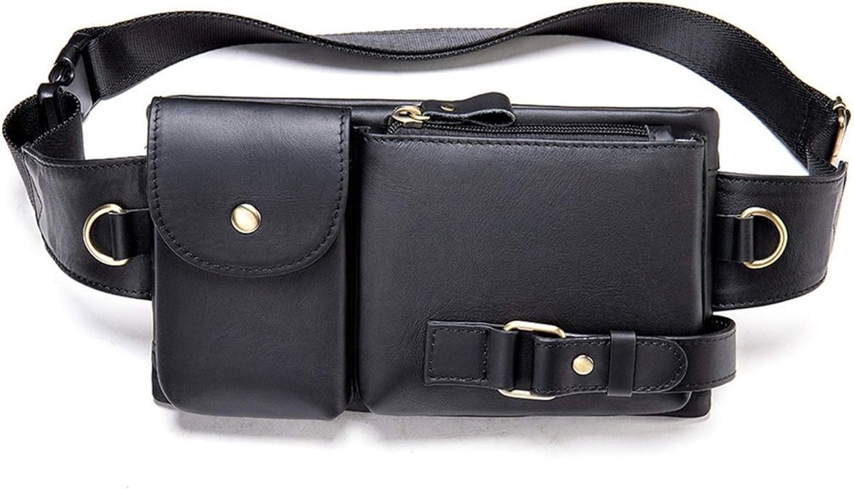 VHV - Heuptas - Vintage heuptasje van echt leer - Dun unisex buiktasje - Met vak voor telefoon en portemonnee - Voor reizen, wandelen en hardlopen - 22 x 12 x 2,8 cm - Zwart