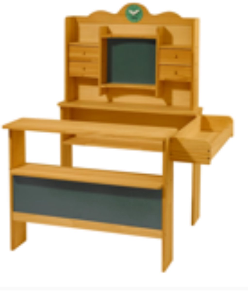 COSTWAY Kinderwinkel met vakken, laden, zijtoonbank en bord, hout | dennenhout, voor kinderen vanaf 3 jaar, 111 x 81,5 x 119 cm