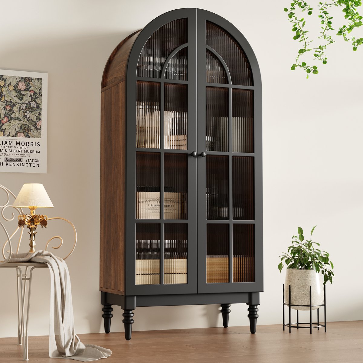 Wishdor - Vitrinekast - Hoge boogkast met glazen deuren - Staande opbergkast - Retro vintage - Woonkamer of keuken - Houtlook en glas - Zwart - 76 x 38,5 x 165 cm