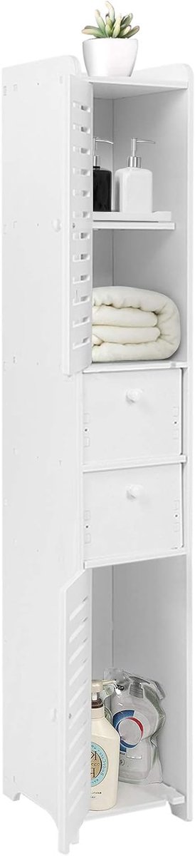 Badkamerkast Hout - Opbergkast Smal - Ruimte Organiseren - Vochtbestendig Materiaal - 118 cm Hoog - Wit