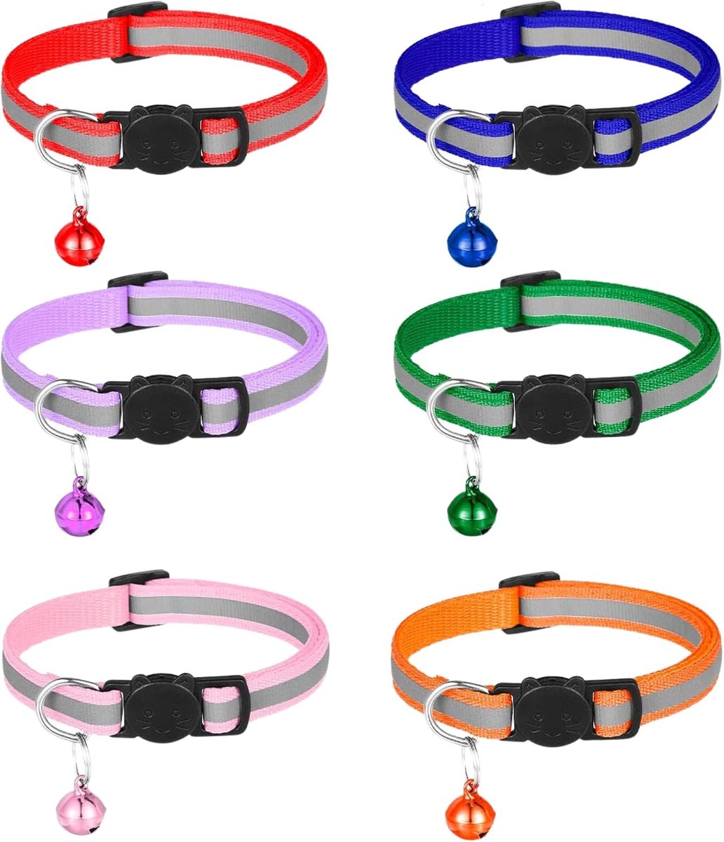 SnelShoppen - JAXY Kattenhalsband met Veiligheidssluiting - Reflecterende Kattenhalsband met Bel - Verstelbaar van 19-32 cm - 6 Stuks - Duurzaam en Co