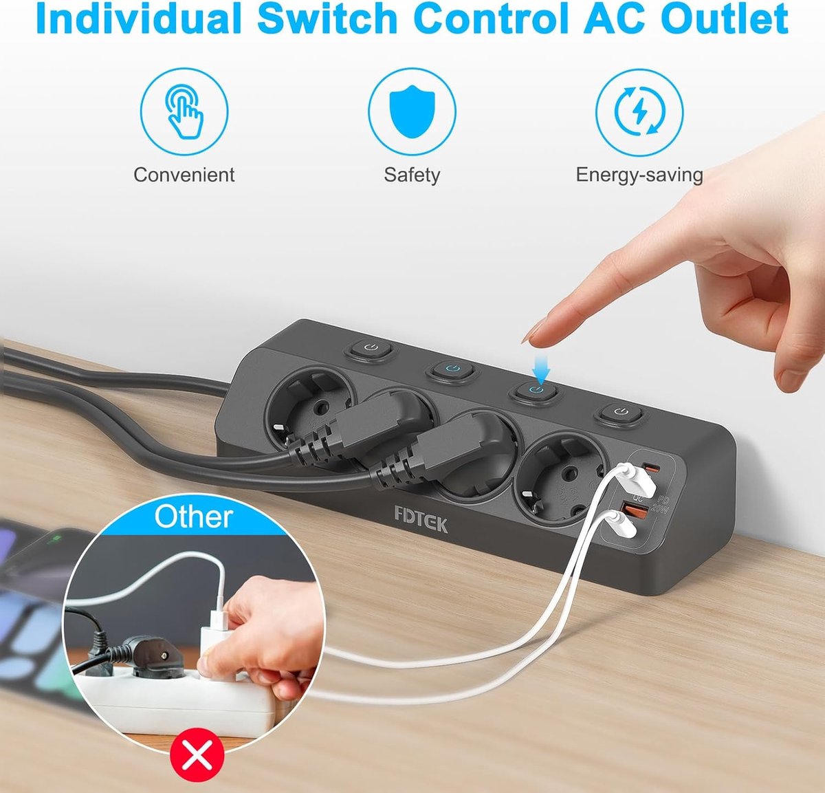 SnelShoppen - Hoek Power Strip met Overspanningsbeveiliging 4000W, 4 Schakelaars, USB-C PD20W Snelladen, 2M Kabel, Zwart - Perfect voor Thuis, Kantoor