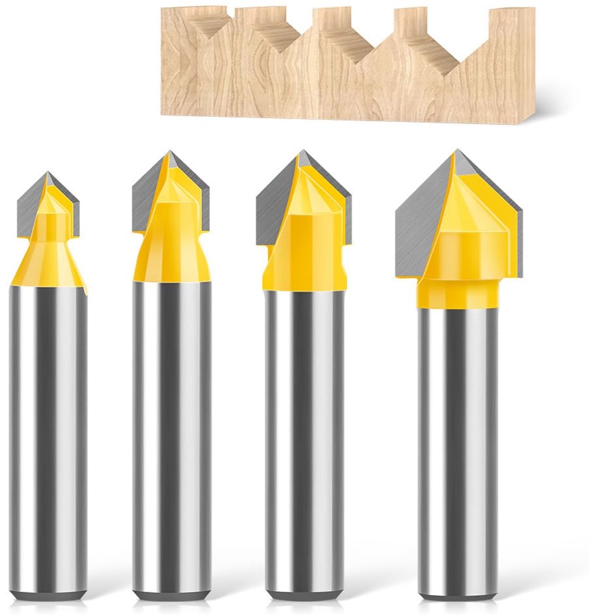 SnelShoppen - 4pcs V Groove Cutter met 8mm Shank, 90° CNC V Groove Frees, Houtbewerking Gereedschap voor Diepe en Ondiepe Groeven
