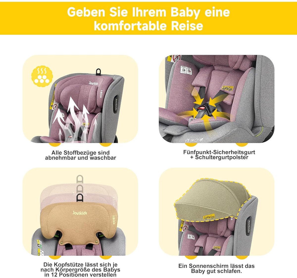 MIVRAY Autostoeltje – 360 Graden Draaibaar – 40-150 cm – Textiel en Polypropyleen – Roze en Grijs – Isofix met Ligstand en Zonnekap