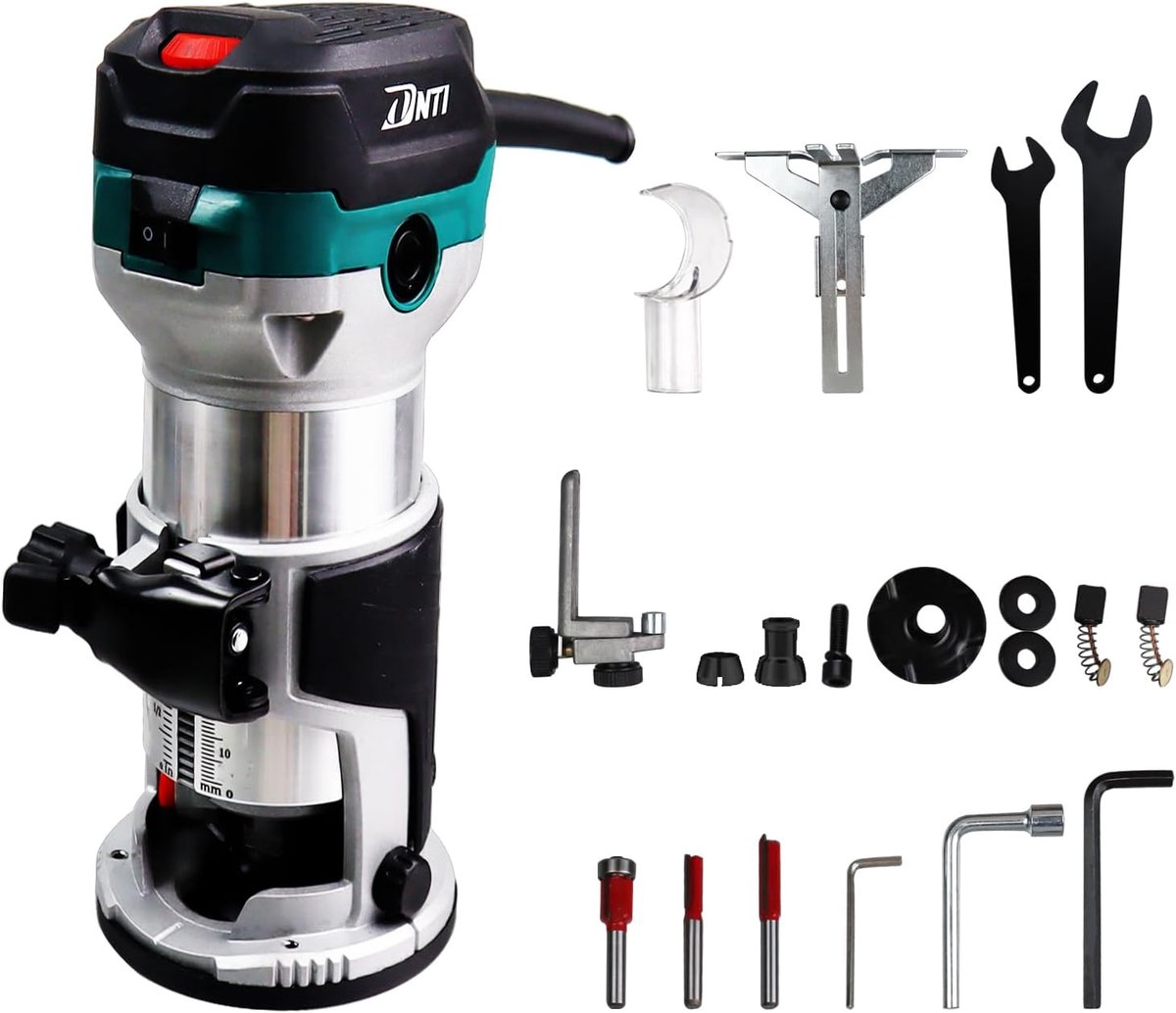 SnelShoppen - Professionele DNTI Router met 710W Motor, 10.000-30.000 RPM, 6 Snelheden, 2 Klemmen (1/4" en 8 mm), Voor Houtbewerking, Precisie Frezen,