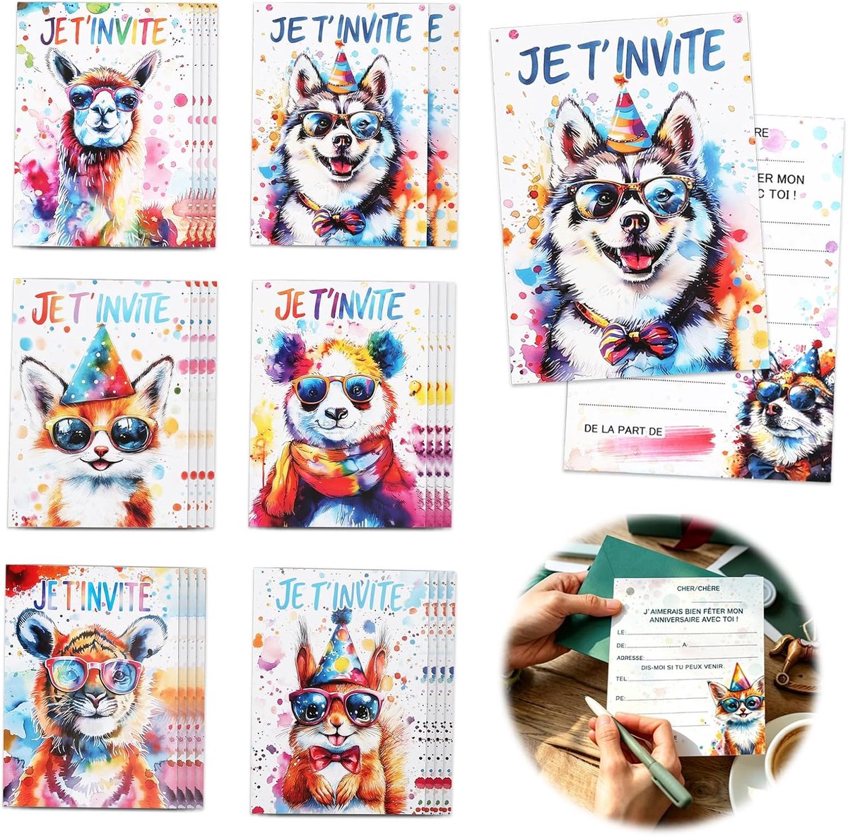 SnelShoppen - 24 Uitnodigingskaarten Verjaardag Dieren Aquarel 15x10,8 cm - Schattige Illustraties voor Kinderen - Perfect voor Feesten en Evenementen