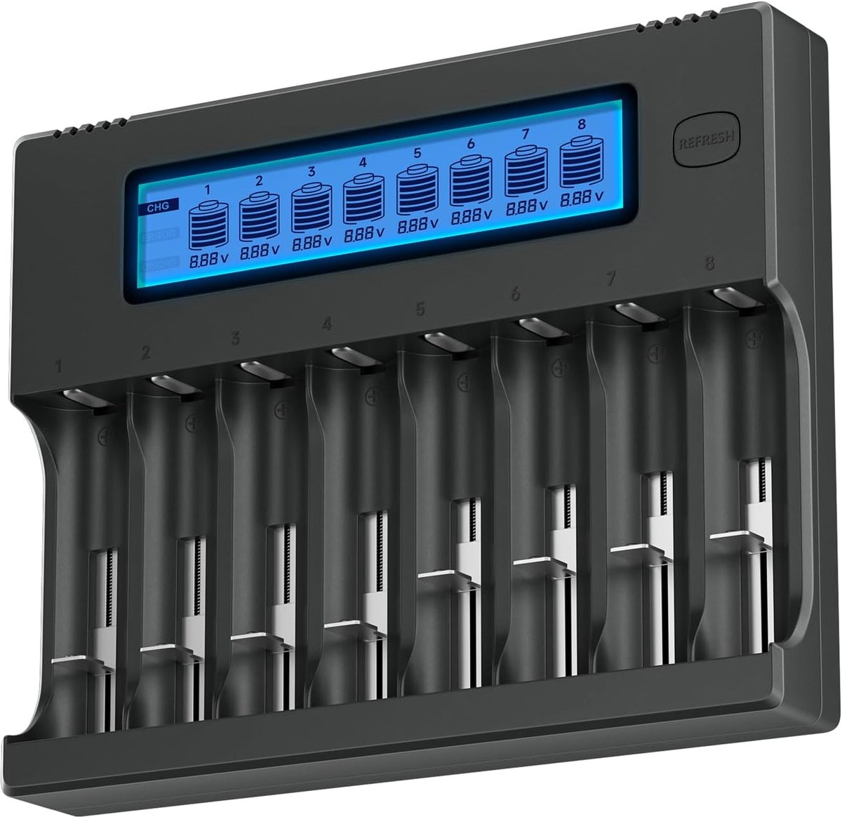 SnelShoppen - 18650 Batterij Oplader, Universele Oplader voor 18650, 20700, 26650, 13450, 14500, 14650, 16340, 17500, CR123A, LCD Scherm, 8 Kanalen, V