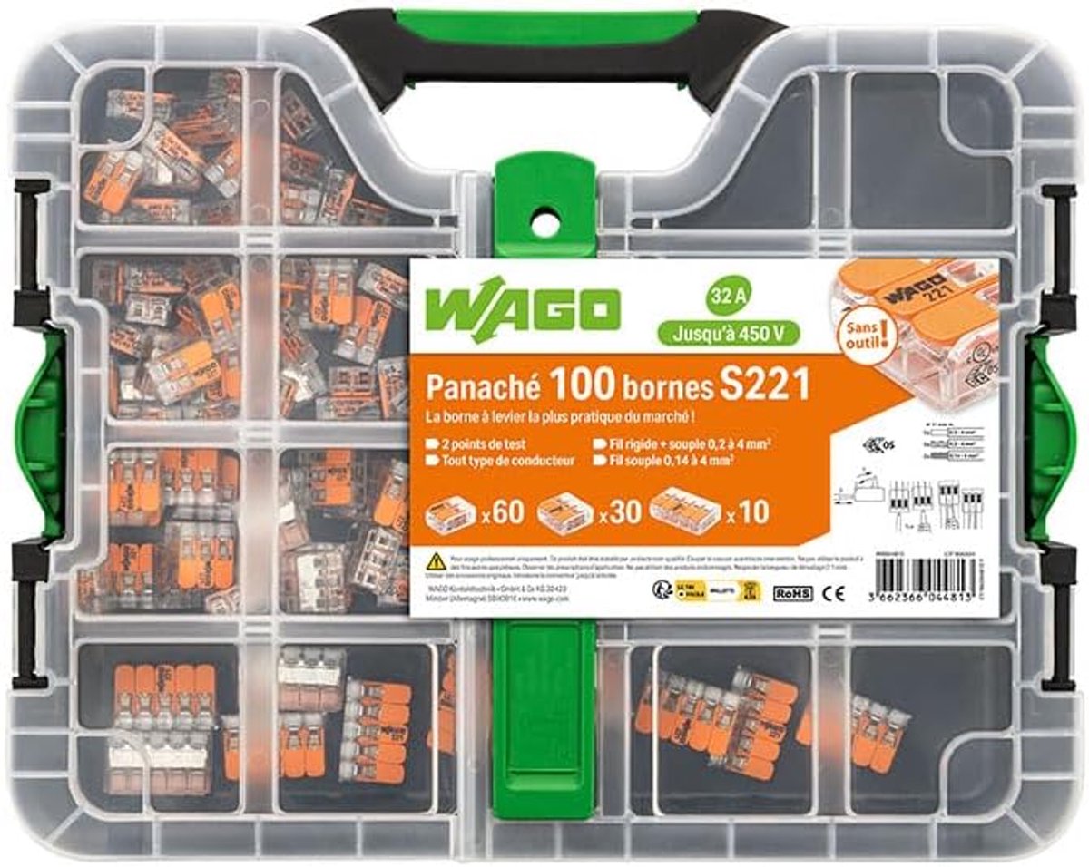 SnelShoppen - Wago Case met 100 Clips S221 - 60 x 2E, 30 x 3E, 10 x 5E - Kleur: Transparant - Voor Snelle en Veilige Aansluitingen - Ideaal voor Elekt