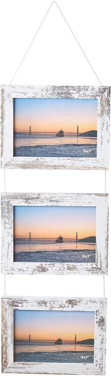 SnelShoppen - Fotolijst Collage Wanddecoratie voor 3 Foto's van MDF Hout met Echt Glas en Wandbevestiging (Wit Vintage, 3x13x18cm)